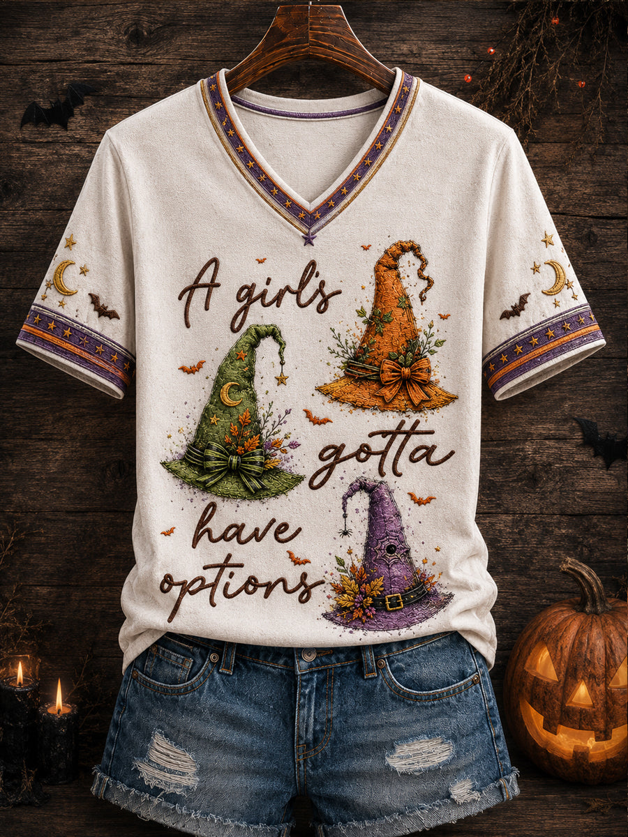Women's Halloween “A GIRL'S GOTTA HAVE OPTIONS” Printed V-neck T-shirt