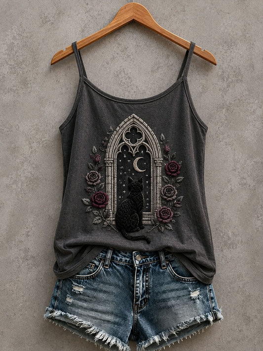 Women's Gothic Cat And Floral Print Tank Top