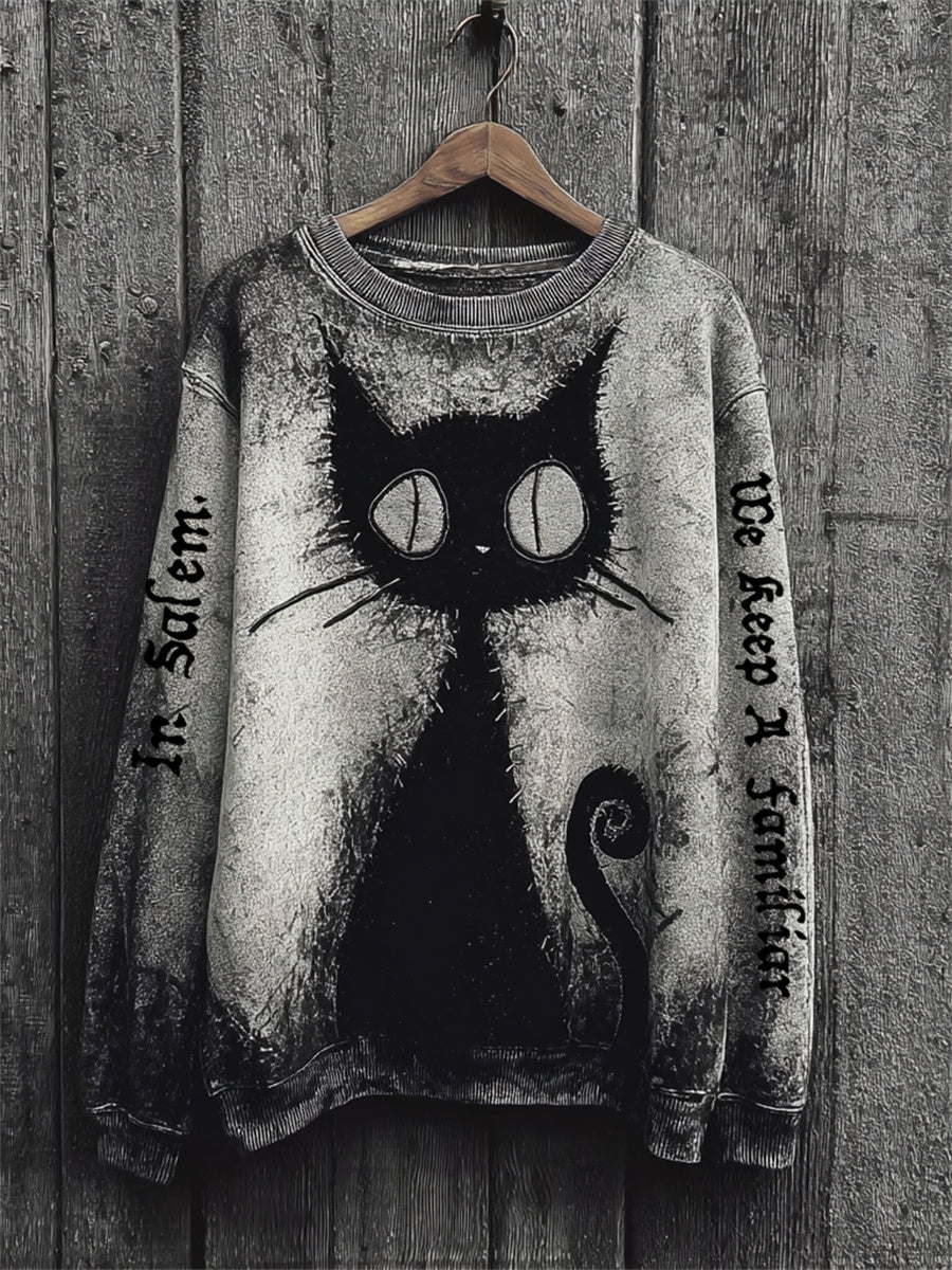 Women's In Salem We Keep A Familiar Black Cat Print Halloween Sweatshirt