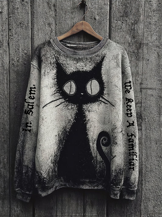 Women's In Salem We Keep A Familiar Black Cat Print Halloween Sweatshirt