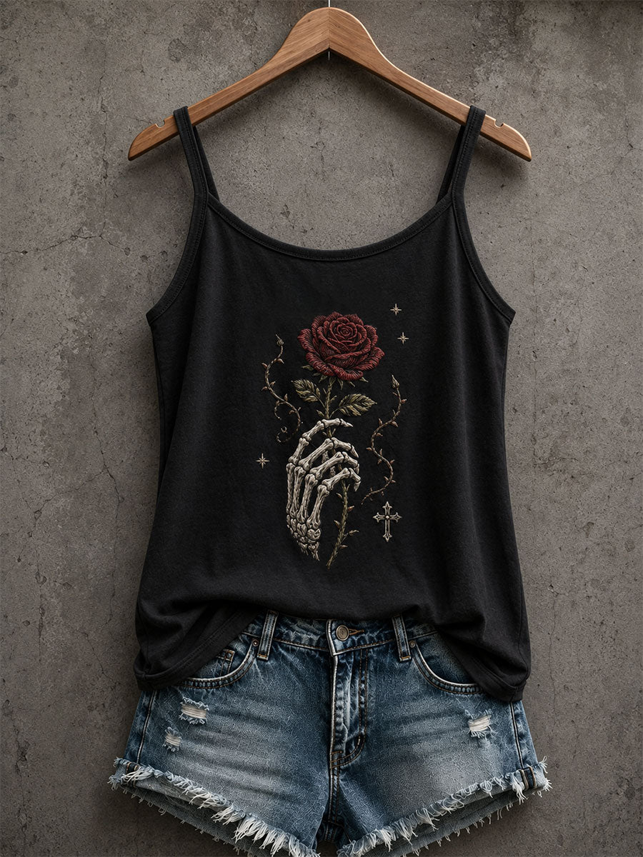 Women's Gothic Skull Hand And Rose Tank Top