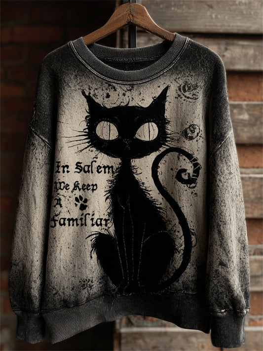 Women's In Salem We Keep A Familiar Black Cat Print Halloween Sweatshirt