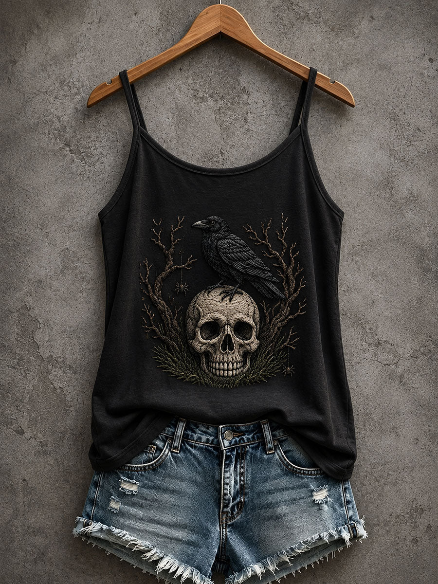 Women's Gothic Skull And Black Raven Tank Top