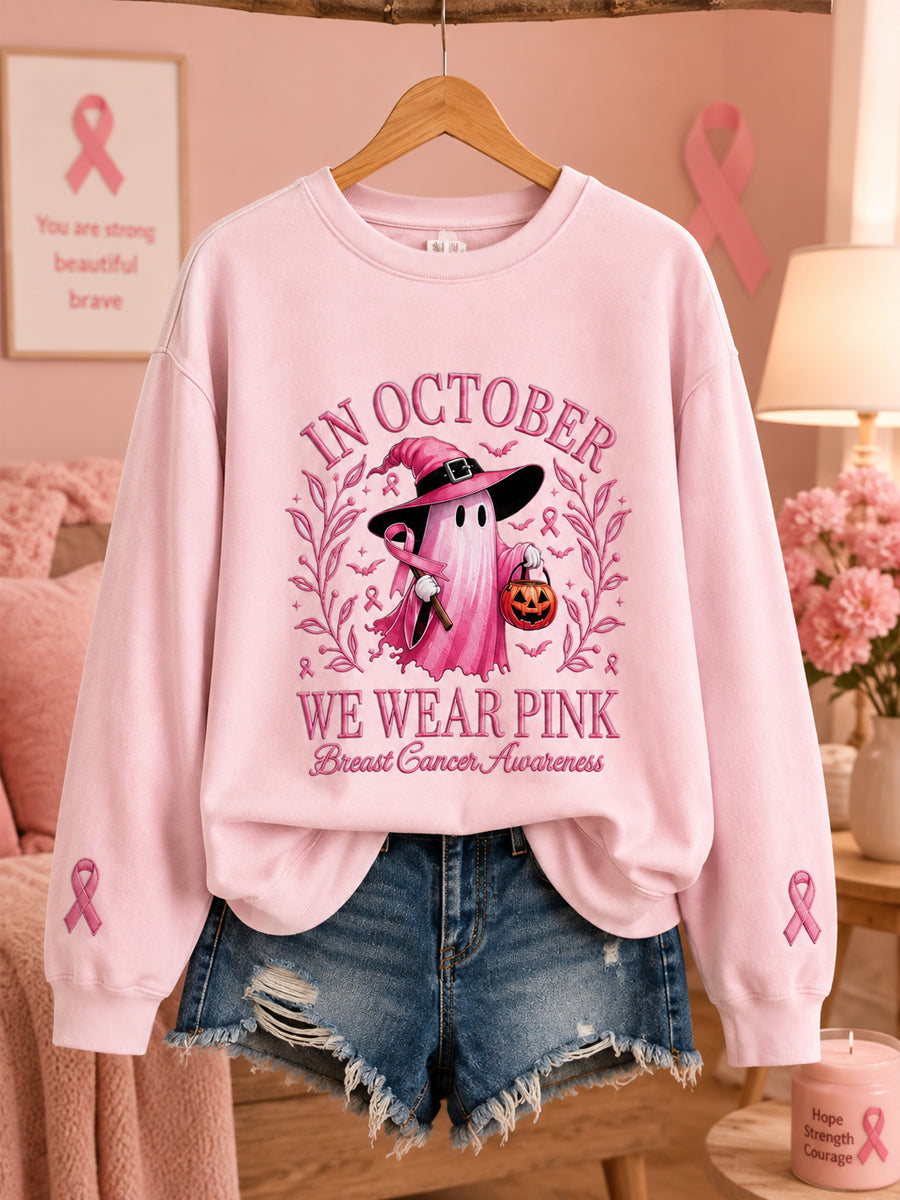 Women's In October We Wear Pink Halloween Pink Ghost Print Breast Cancer Awareness Support Sweatshirt