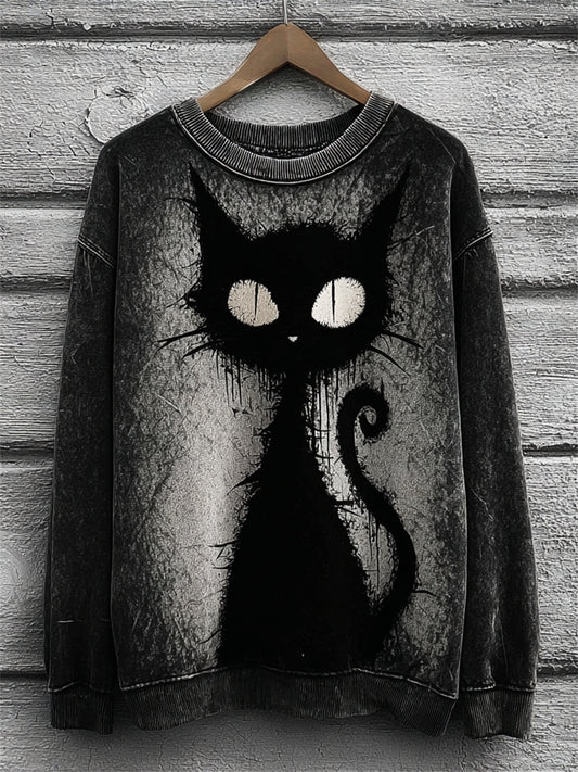 Women's Halloween Witch's Familiar Black Cat Print Sweatshirt