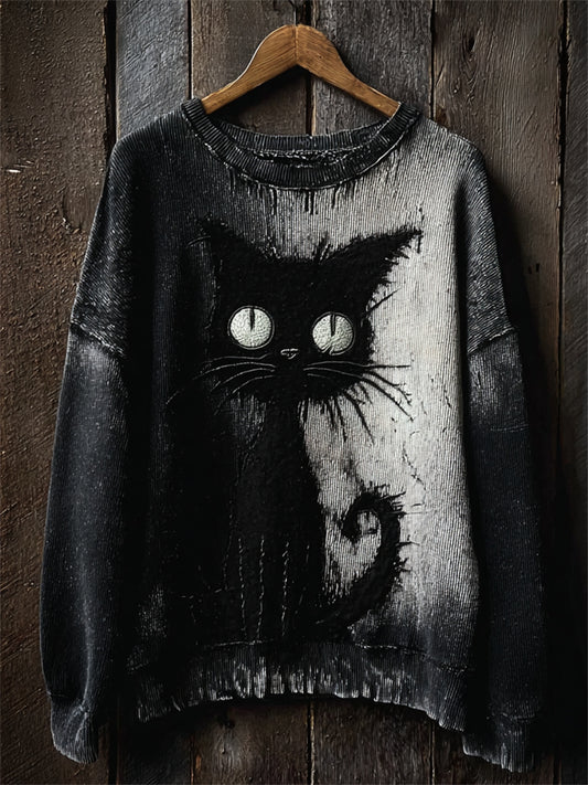 Women's Halloween Witch's Familiar Black Cat Contrast Print Sweatshirt