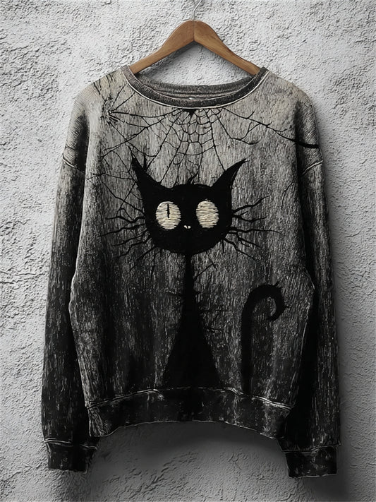 Women's Spooky Witch's Familiar Black Cat Print Halloween Sweatshirt