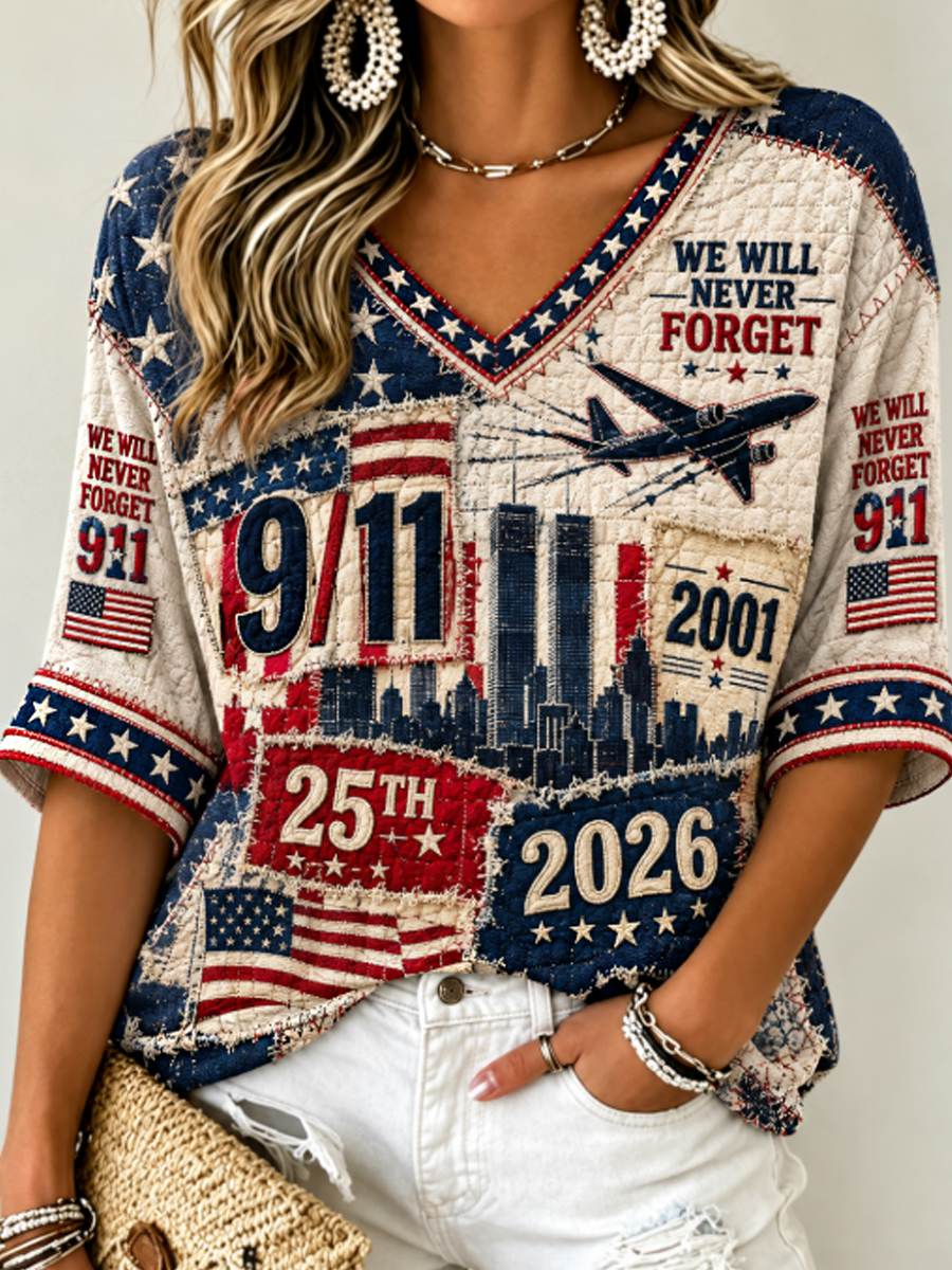 Women's We Will Never Forget 9 11 September 11  Mid-length Sleeves V-Neck T-Shirt