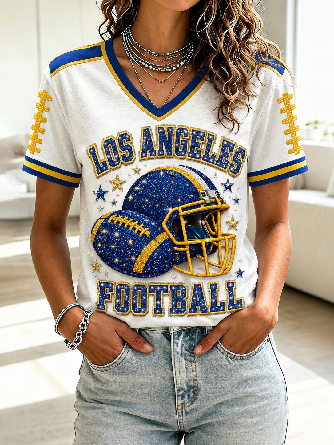 Women's Football Los Angeles Printed V-neck T-shirt