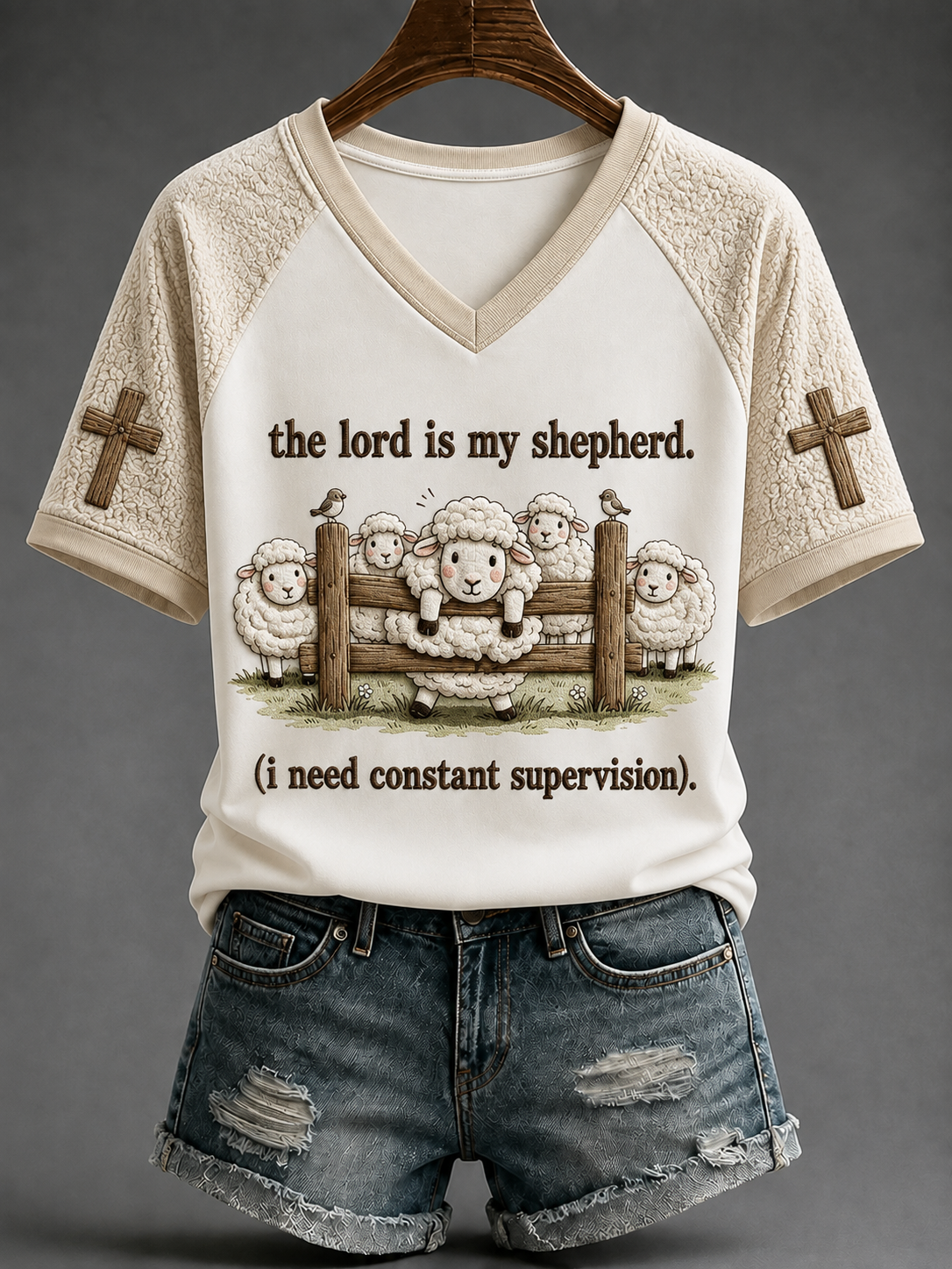 Women's The Lord Is My Shepherd V-neck Off-shoulder Short-sleeved T-shirt