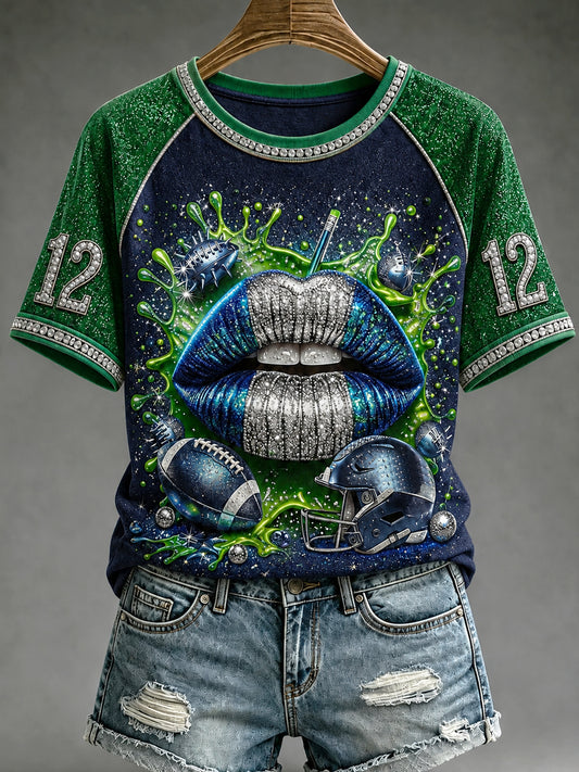 Women's Seattle Football Printed Vintage Fashion Loose Short Sleeve T-Shirt