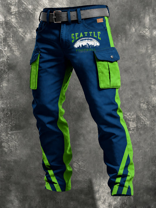 Men's Retro Seattle Football Art Print Casual Workwear Trousers