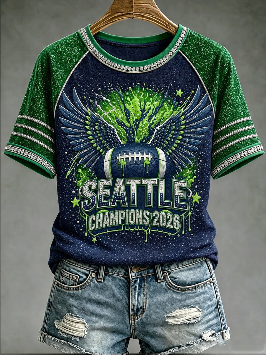 Women's Seattle Football Printed Vintage Fashion Loose Short Sleeve T-Shirt