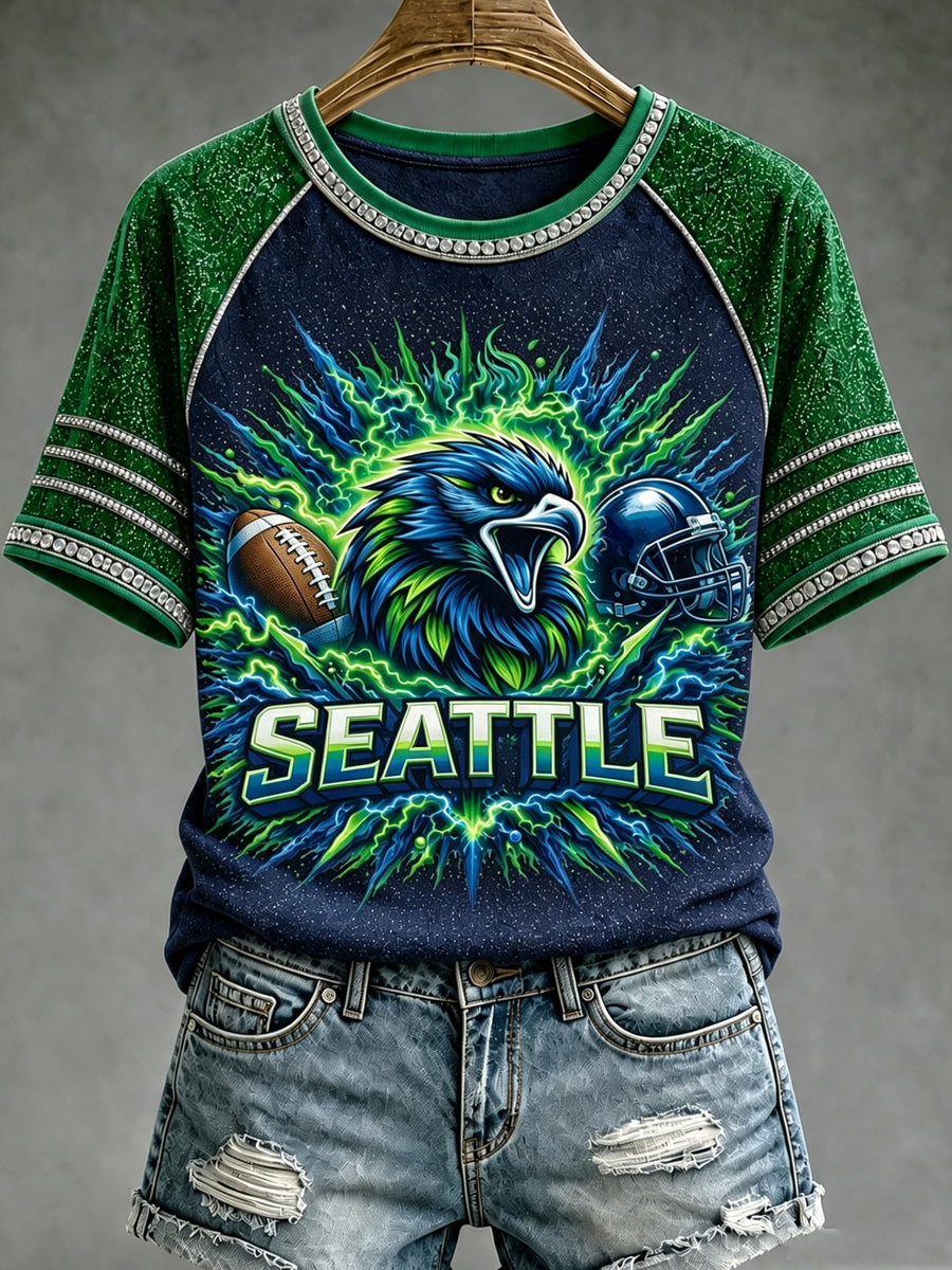Women's Seattle Football Printed Vintage Fashion Loose Short Sleeve T-Shirt