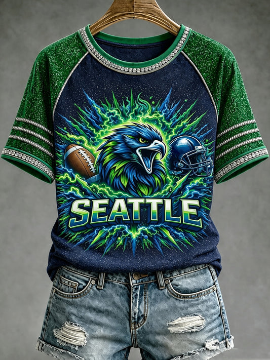 Women's Seattle Football Printed Vintage Fashion Loose Short Sleeve T-Shirt