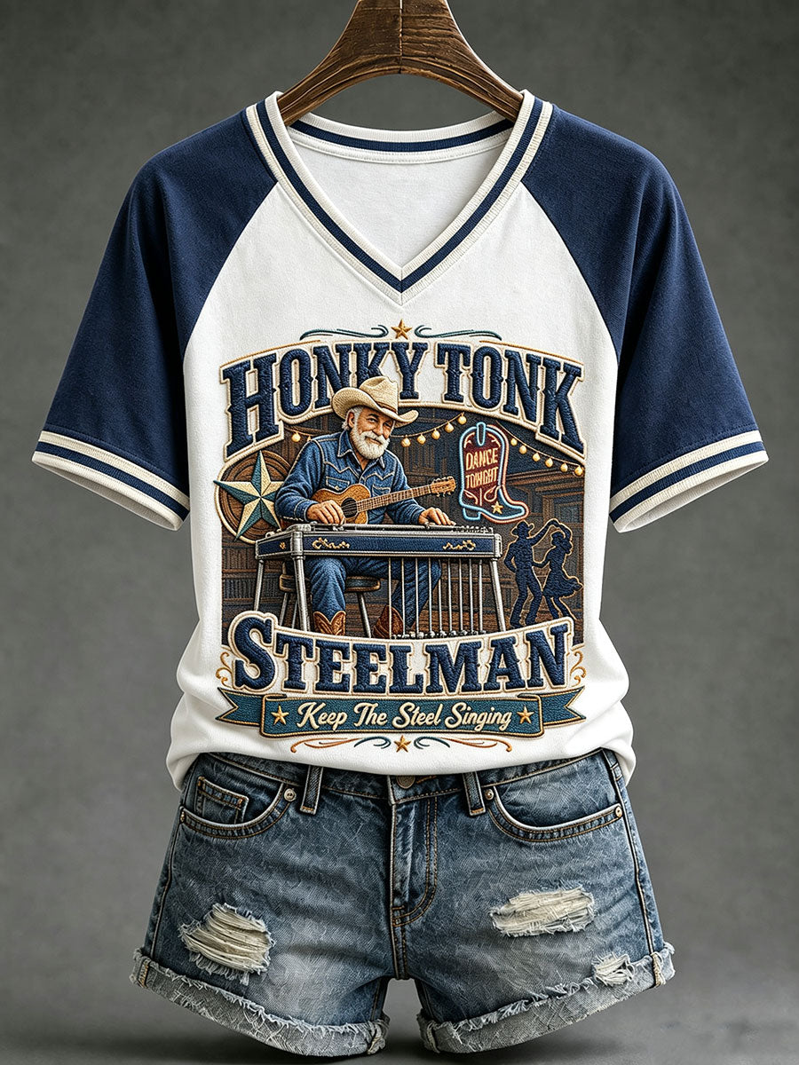 Women's Honky Tonk Steelman Keep The Steel Singing V-neck T-shirt