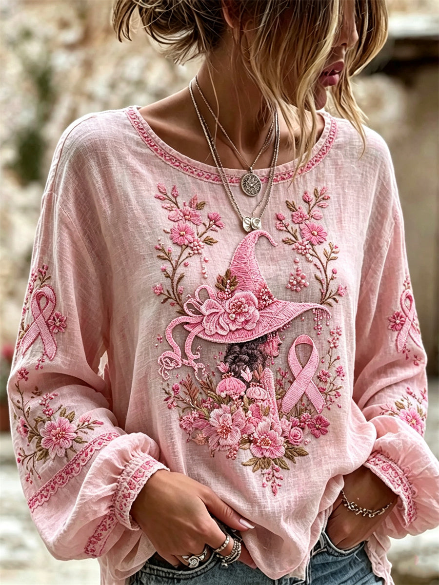 Women's Halloween Pink Witch Floral Pink Ribbon Print Cotton-Linen Shirt
