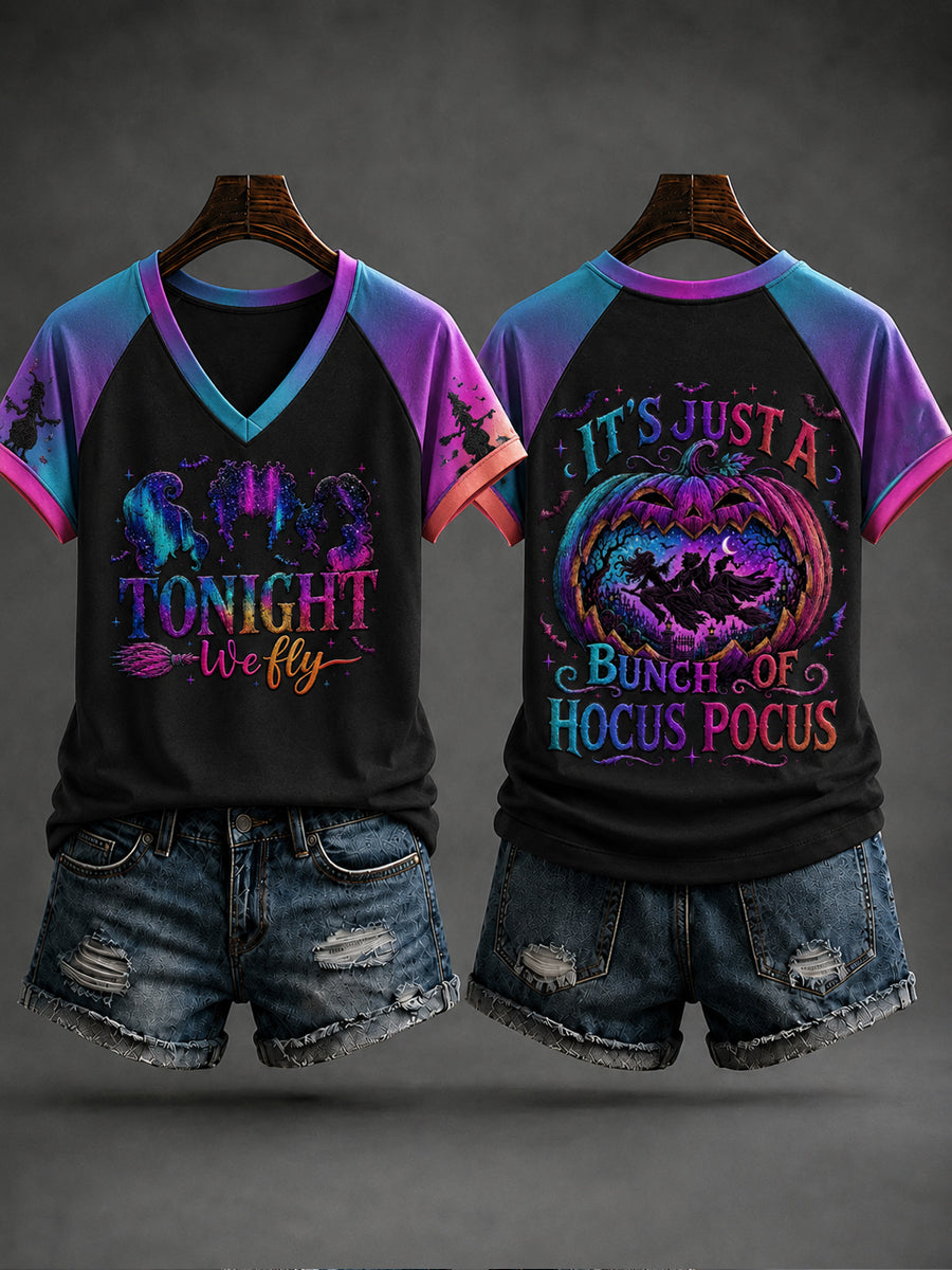 Women's Halloween “IT'S JUST A BUNCH OF HOCUS POCUS” Printed V-neck T-shirt