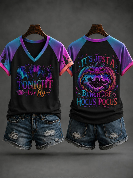Women's Halloween “IT'S JUST A BUNCH OF HOCUS POCUS” Printed V-neck T-shirt