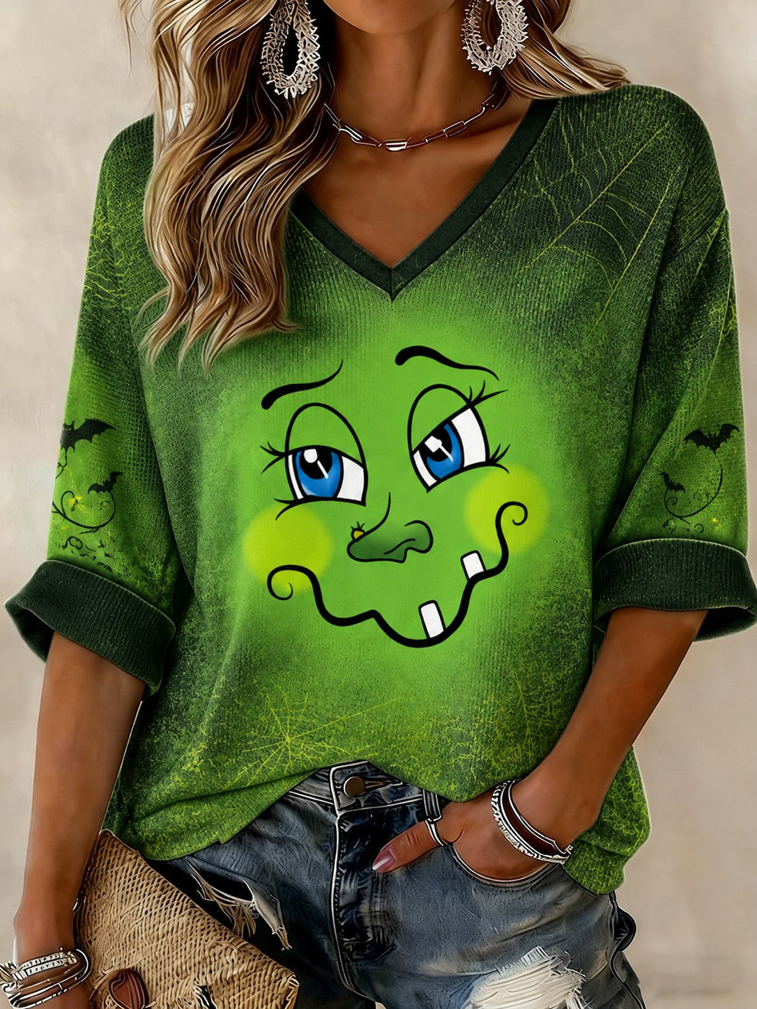 Women's Halloween Printed Mid-length Sleeves V-neck T-shirt