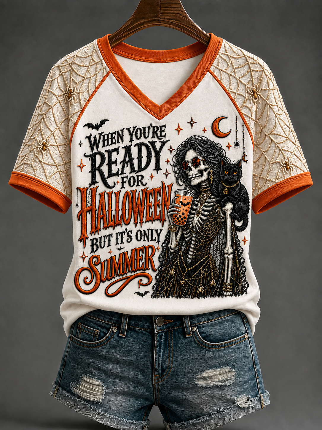 Women's When You're Ready For Halloween, But It's Summer V-neck Off-shoulder Short-sleeved T-shirt