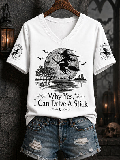 Women's Funny Halloween Witch Why Yes,Actually I Can Drive A Stick Print Casual V-Neck Tee