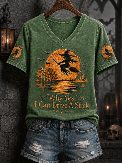 Women's Funny Halloween Witch Why Yes,Actually I Can Drive A Stick Print Casual V-Neck Tee