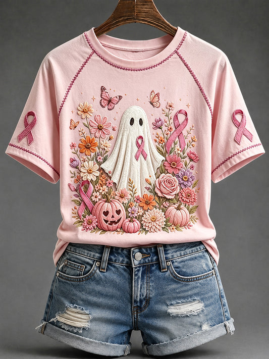 Women's Breast Cancer Awareness Ghost Halloween Print Round Neck Short Sleeve T-shirt