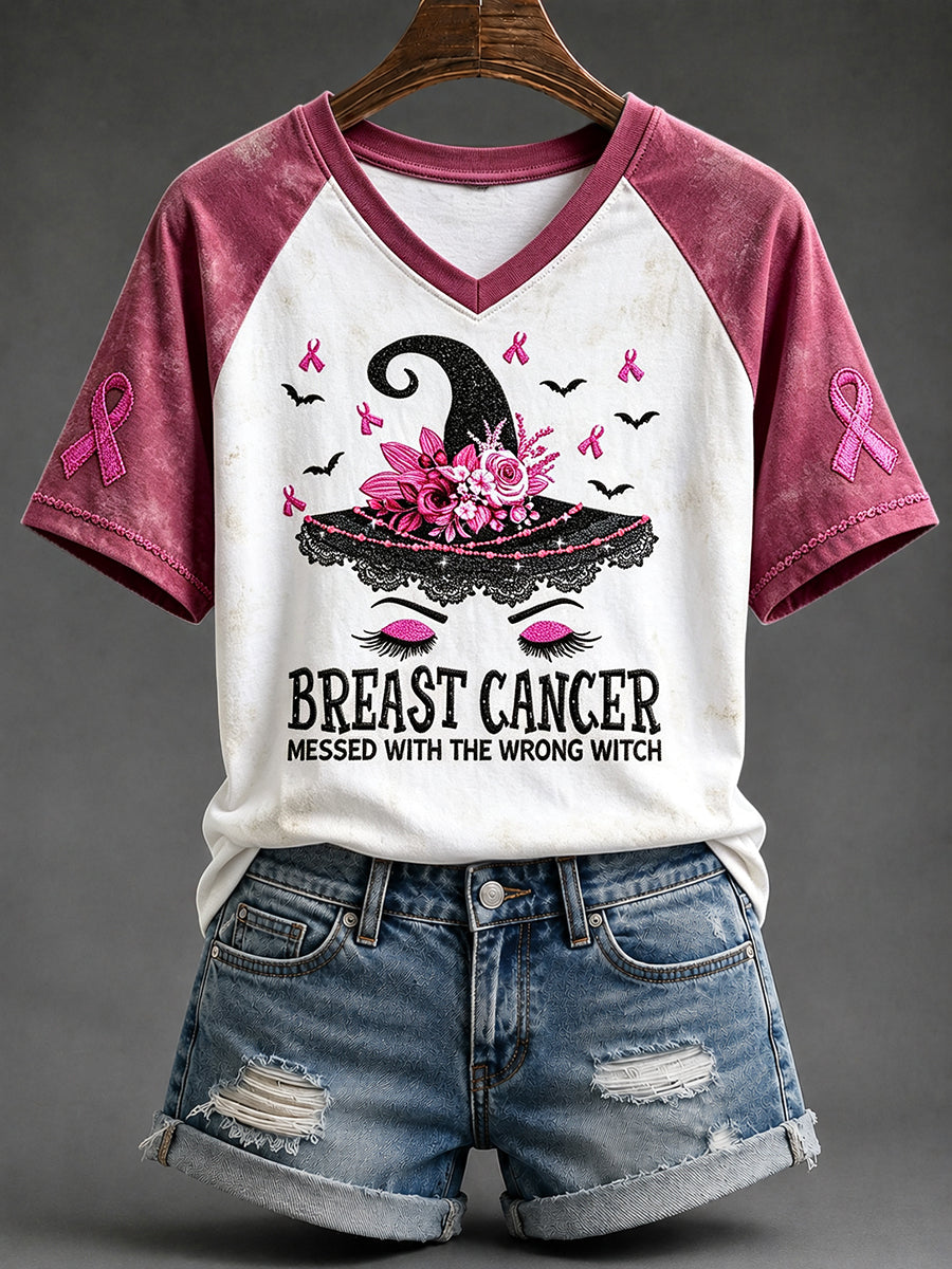 Women's Breast Cancer Messed With The Wrong Witch Print V-neck Short-sleeved T-shirt