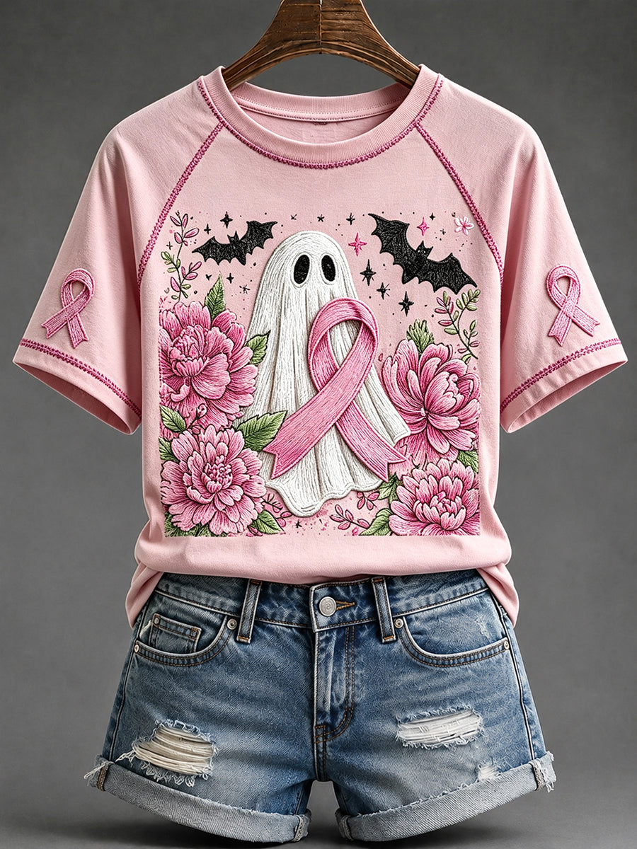 Women's Halloween Ghost Pink Ribbon Print Round Neck Short Sleeve T-shirt