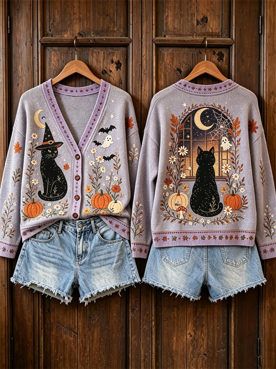 Women's Vintage Halloween Black Cat Pumpkins Floral Print Cardigan