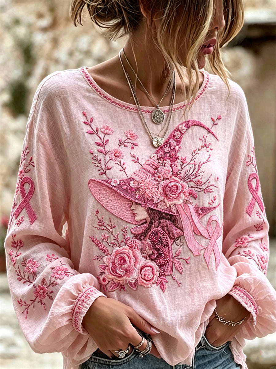 Women's Halloween Pink Witch Floral Pink Ribbon Print Cotton-Linen Shirt