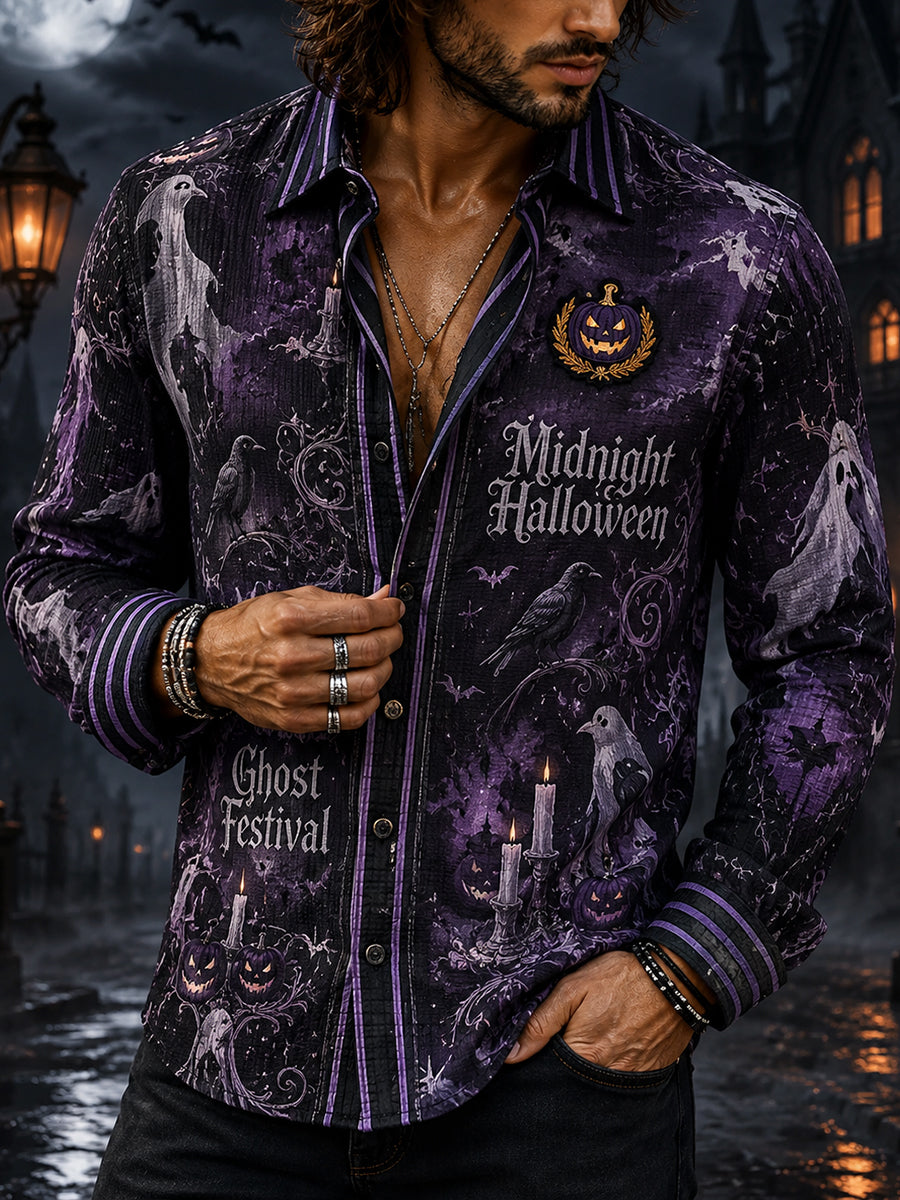 Men's Long-Sleeve Shirt With Halloween-Themed Print