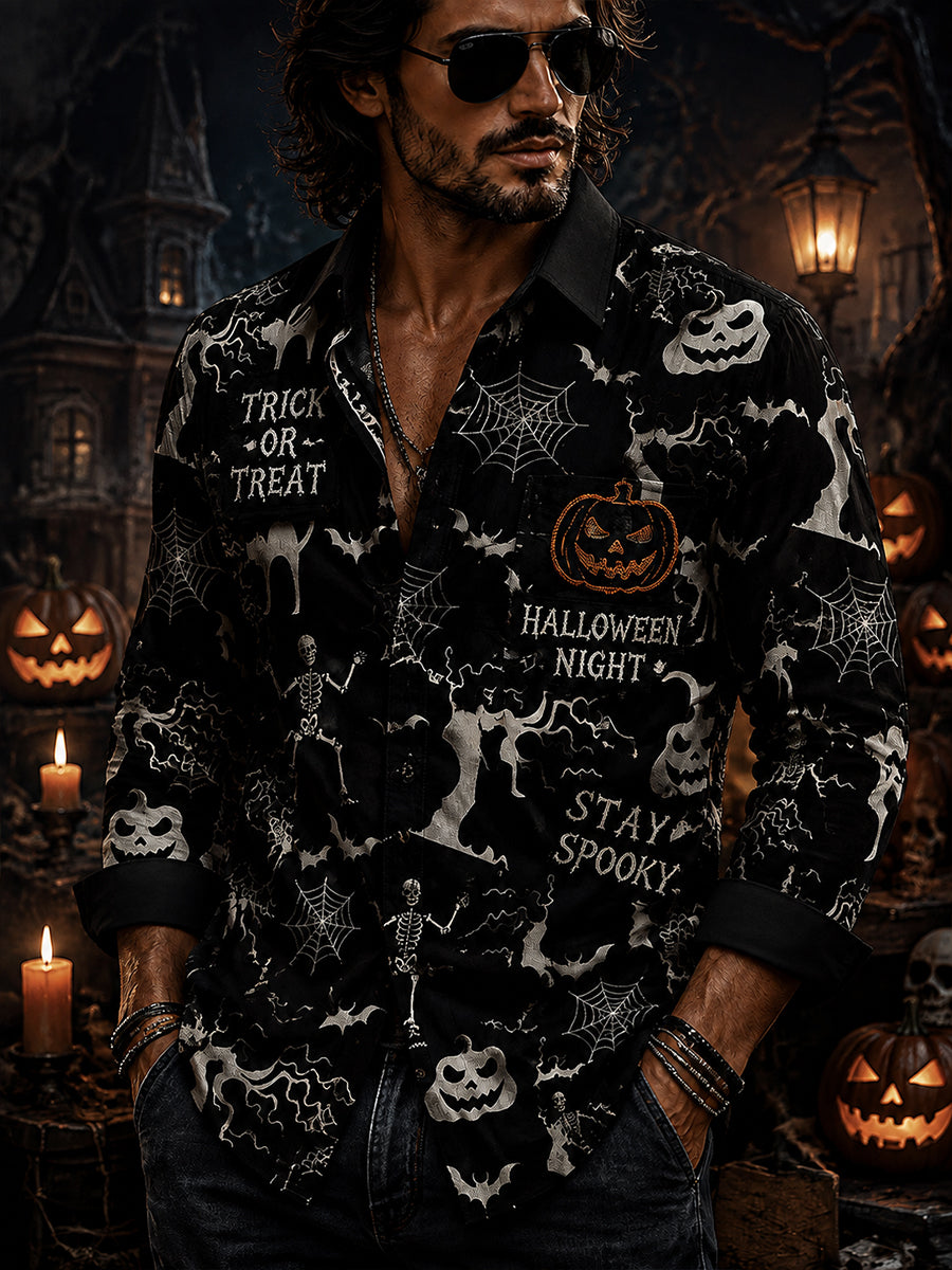 Men's Long-Sleeve Shirt With Halloween-Themed Print