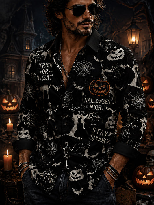 Men's Long-Sleeve Shirt With Halloween-Themed Print