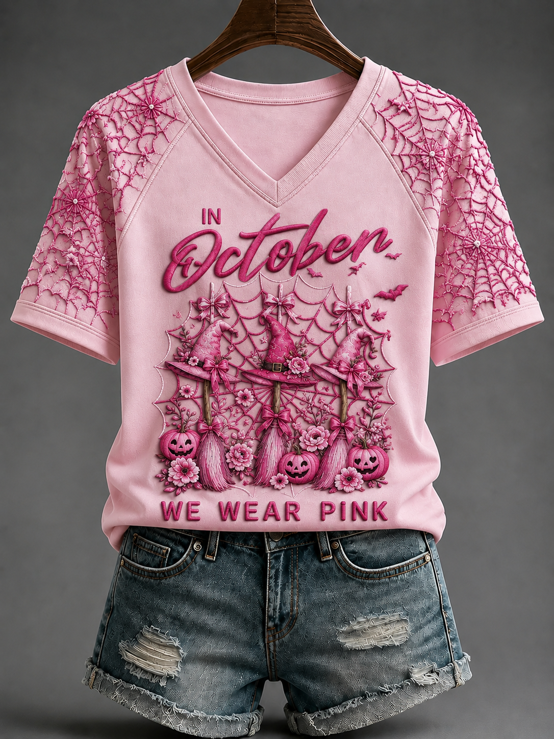 Women's In October We Wear Pink V-neck Off-shoulder Short-sleeved T-shirt
