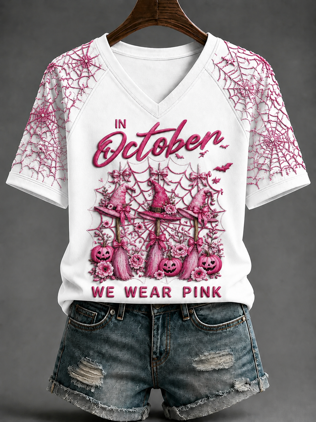 Women's In October We Wear Pink V-neck Off-shoulder Short-sleeved T-shirt