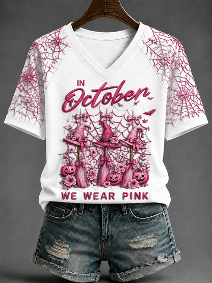 Women's In October We Wear Pink V-neck Off-shoulder Short-sleeved T-shirt