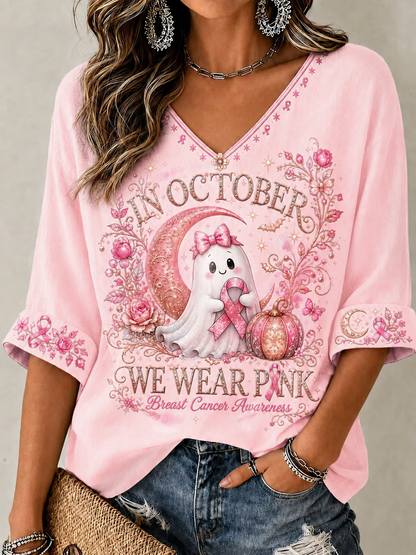 Women's In October We Wear Pink Mid-length Sleeves V-Neck T-Shirt