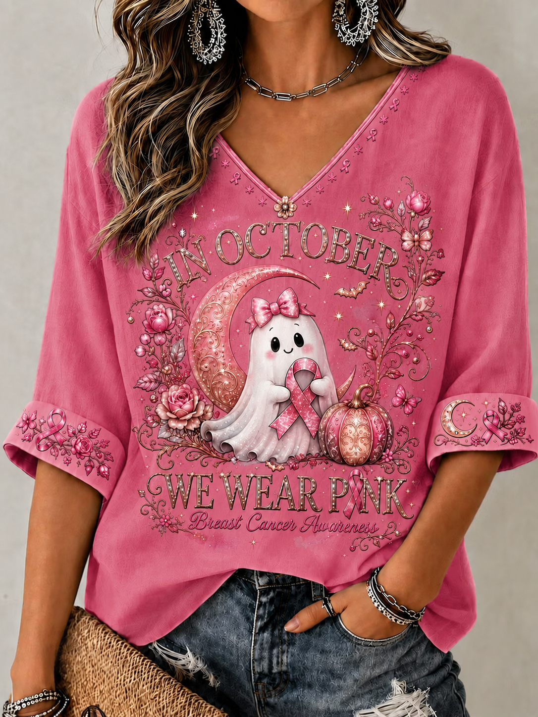 Women's In October We Wear Pink Mid-length Sleeves V-Neck T-Shirt