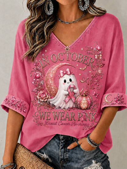 Women's In October We Wear Pink Mid-length Sleeves V-Neck T-Shirt