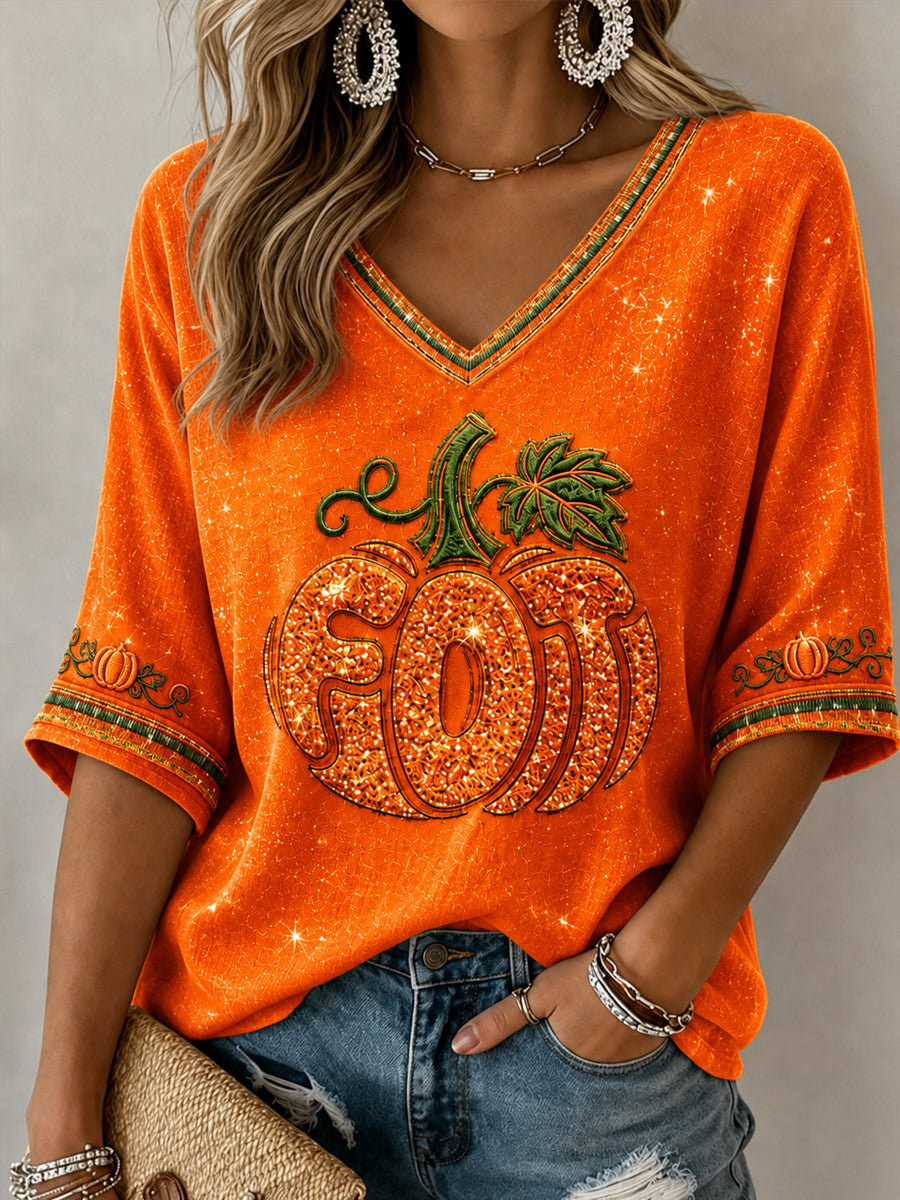 Women's Fall Pumpkin Art Mid-length Sleeves V-Neck T-Shirt