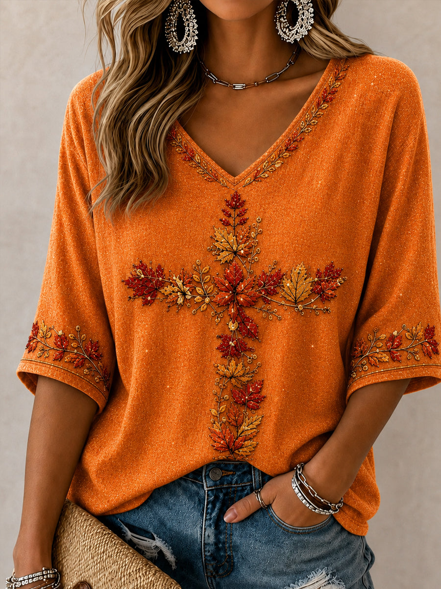 Women's Fall Pumpkin Art Mid-length Sleeves V-Neck T-Shirt