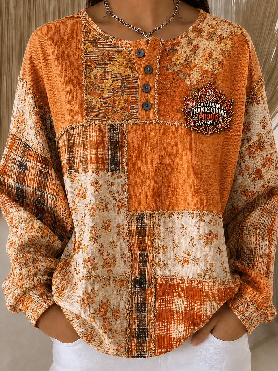 Women's Canda Thanksgiving Day Art Printed Long Sleeve Henley Shirt
