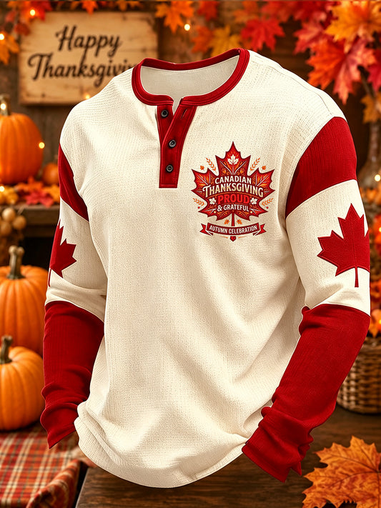 Men's Canda Thanksgiving Day Art Printed Long Sleeve Henley Shirt
