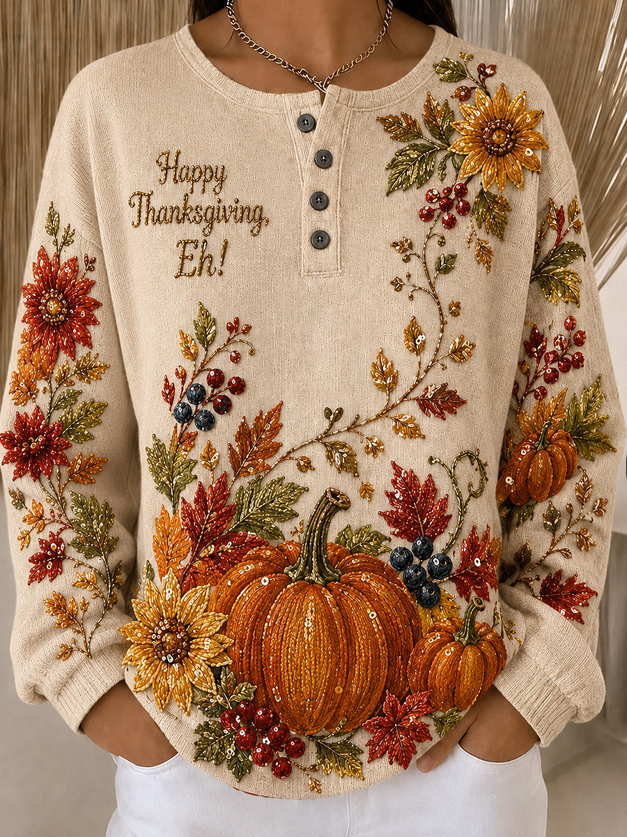 Women's Canda Thanksgiving Day Art Printed Long Sleeve Henley Shirt