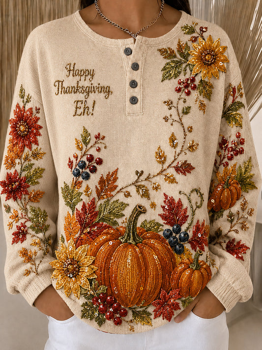 Women's Canda Thanksgiving Day Art Printed Long Sleeve Henley Shirt