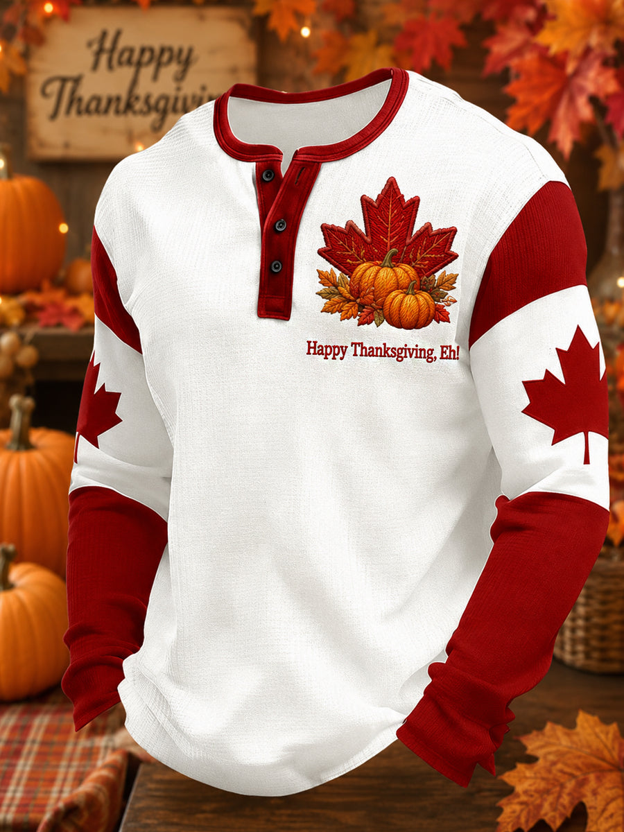 Men's Canda Thanksgiving Day Art Printed Long Sleeve Henley Shirt