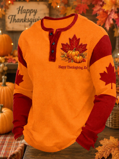 Men's Canda Thanksgiving Day Art Printed Long Sleeve Henley Shirt