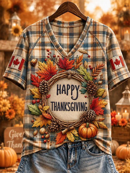 Women's Canda Thanksgiving Day Printed Vintage Fashion Loose Short Sleeve T-Shirt